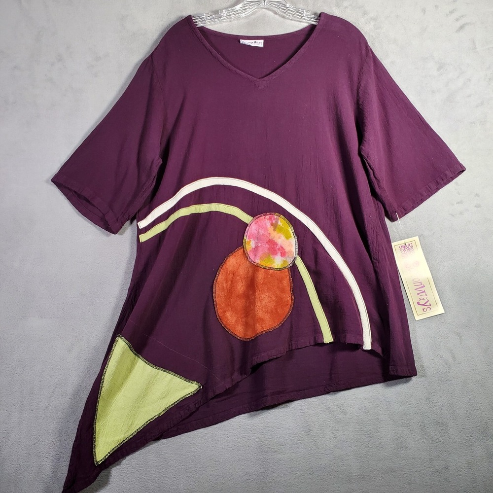 CottonWays Womens Top L/XL Purple Gauze Asymmetrical Short Sleeve Artsy Boho NEW